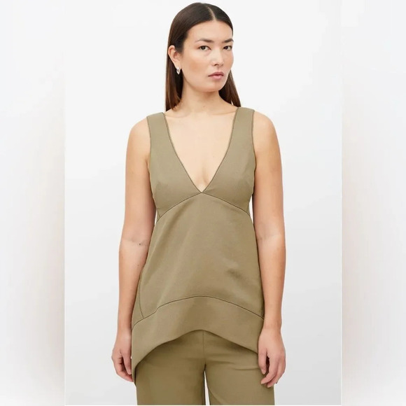 Proenza Schouler Tops - PROENZA SCHOULER White Label Plunge Rumpled Pique Top In Khaki